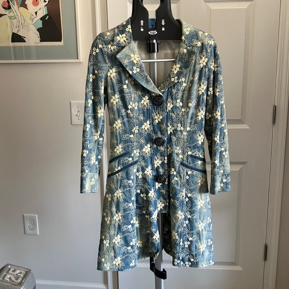 Nanette Lepore long denim asymmetrical floral embroidered denim jacket trench 4 - Picture 4 of 17